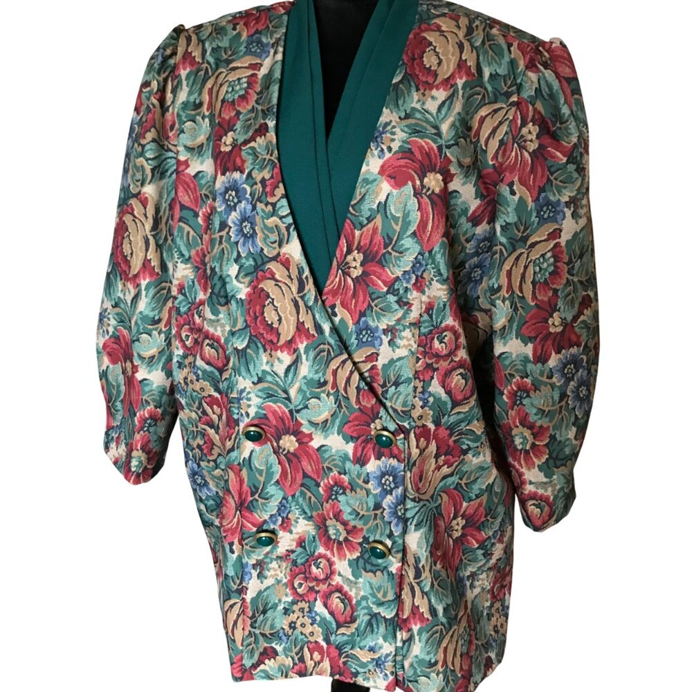 Tapestry Blazer Vintage 70s Green Floral Jacket w/ Sash Classic Apparel Size 20W